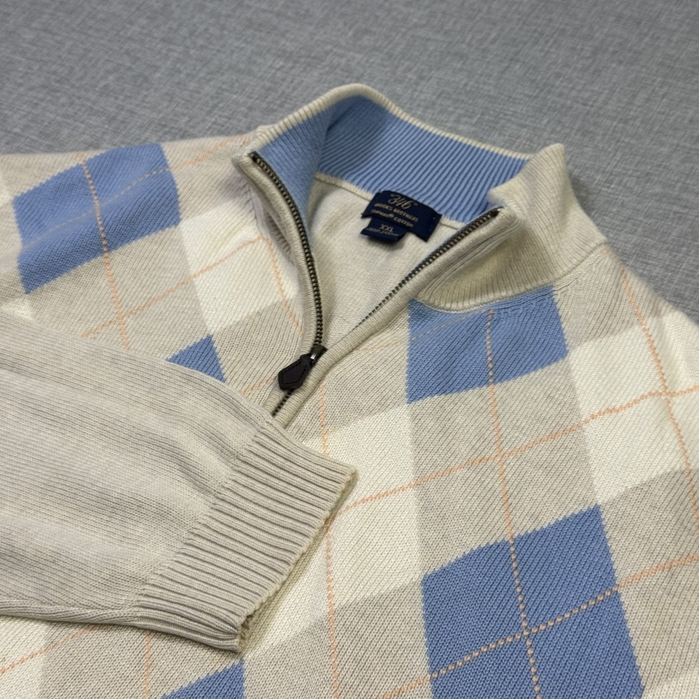 Brooks Brothers Argyle 1/4 Zip Pullover Sweater Mens 2XL Beige Blue Mock Neck
